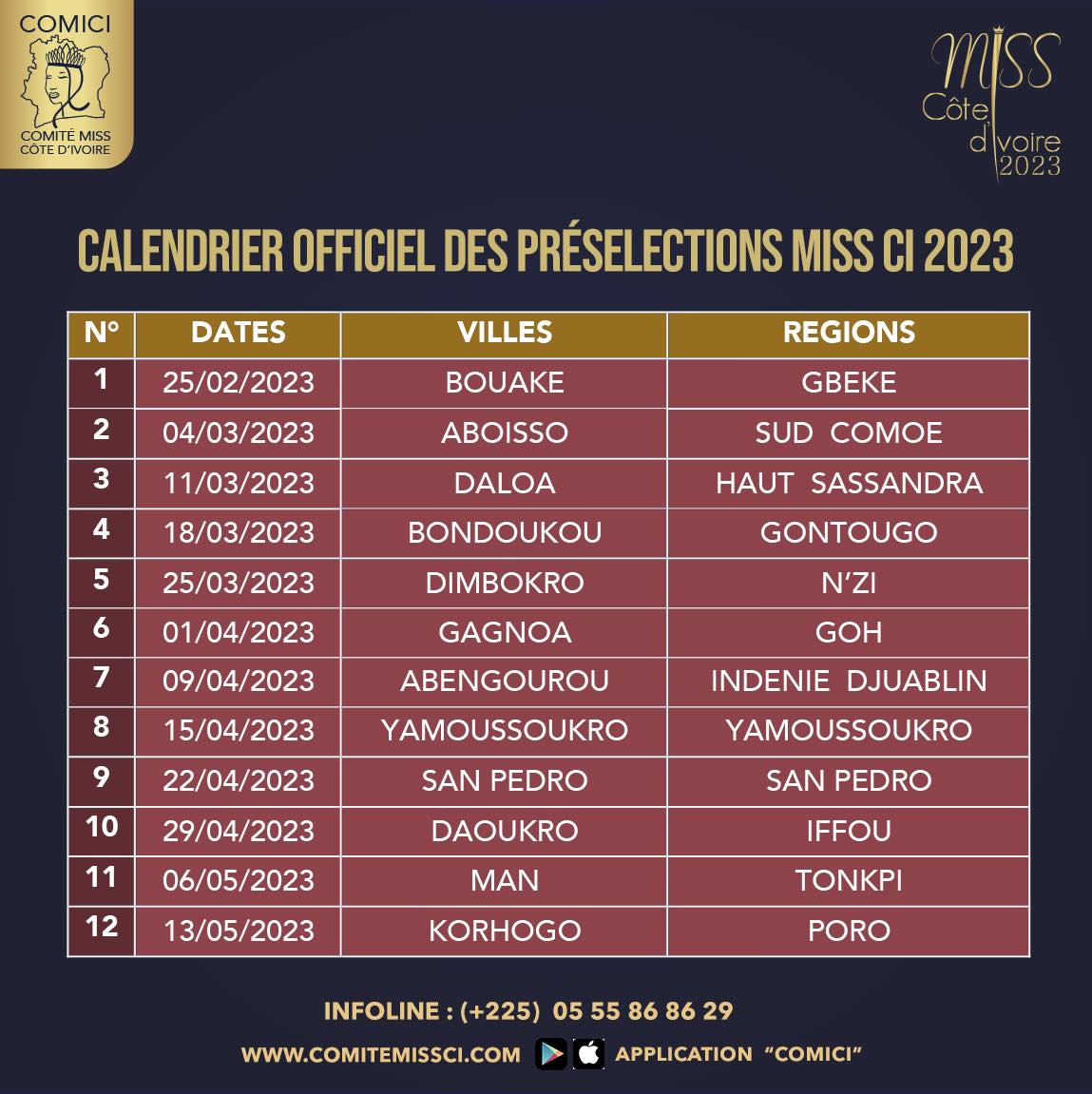 calendrier Miss ci 2023